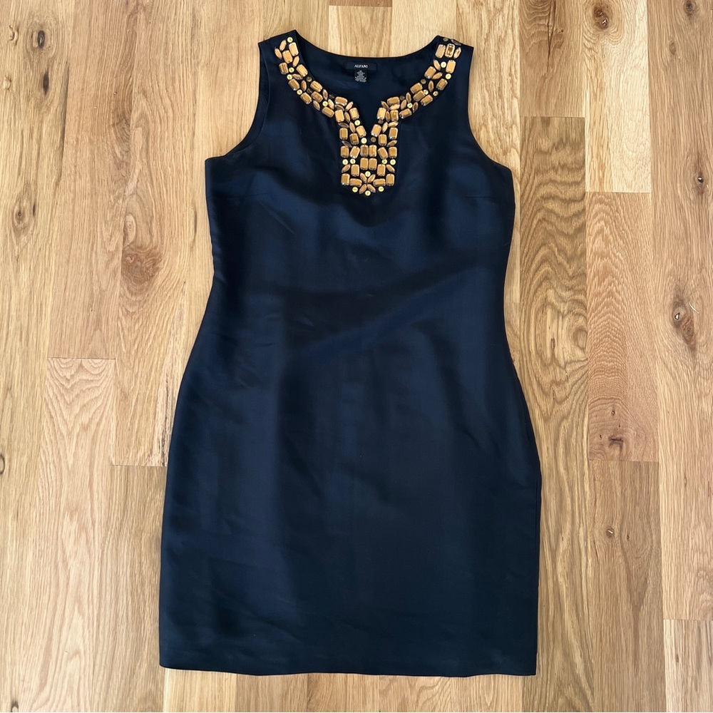 Alfani Silk Black Sheath Dress with Gold Details - Size 12